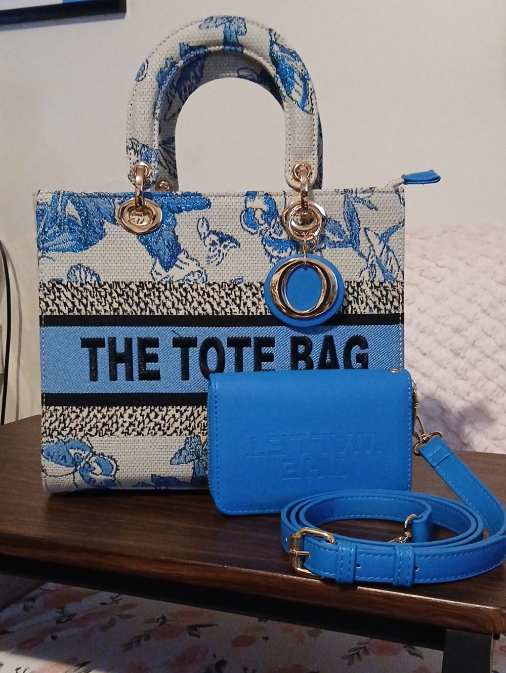 Blue Floral Canvas Tote with Matching Blue Crossbody Wallet — THE TOTE BAG